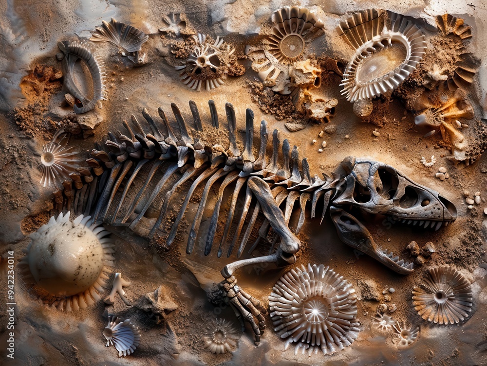 Paleontological dig site with fossils, Fantasy, Earthy, Watercolor, Emphasizing ancient discoveries Paleontological dig site with fossils, Fantasy, Earthy, Watercolor, Emphasizing ancient discoveries