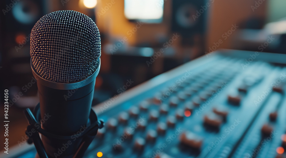 Close-up of a microphone in front of an audio mixer, illuminated by vibrant studio lighting, perfect for music, podcasting, or broadcasting themes.
Close-up of a microphone in front of an audio mixer, illuminated by vibrant studio lighting, perfect for music, podcasting, or broadcasting themes.