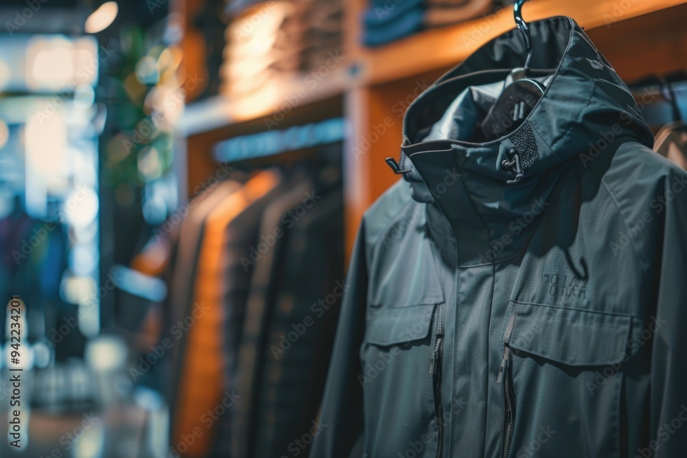A casual jacket hung on a rack in a clothing store, waiting for customers to try it on A casual jacket hung on a rack in a clothing store, waiting for customers to try it on