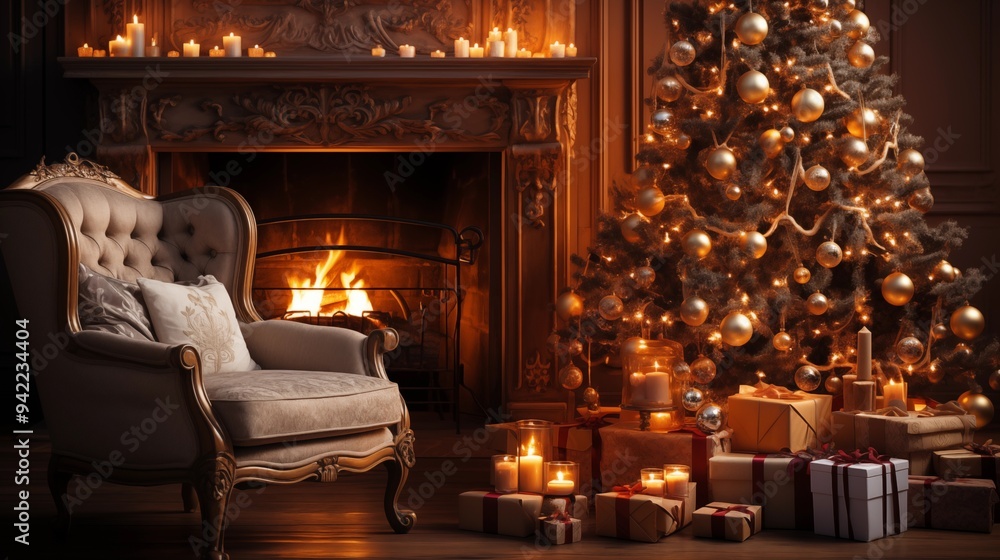 Christmas living room scene with a beautifully decorated tree, stockings hung by the fireplace, and warm, glowing lights Christmas living room scene with a beautifully decorated tree, stockings hung by the fireplace, and warm, glowing lights