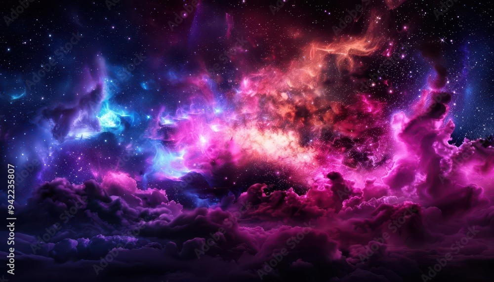 Fototapeta premium Pitchblack night sky with stars, Fantasy, Dark, Watercolor, Emphasizing cosmic wonder