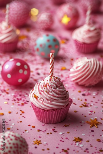 Celebrating with sparkling rose champagne and festive decorations on a pink b...