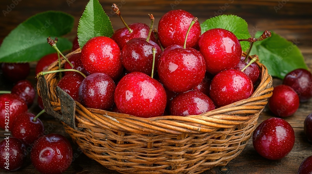 A close-up shot of a cherry basket atop a table with nearby leaves and water droplets A close-up shot of a cherry basket atop a table with nearby leaves and water droplets