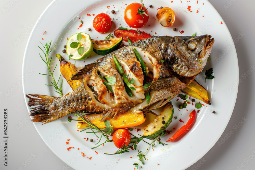 Fried fish with sliced potatoes on a white wide plate. White background. Fried fish with sliced potatoes on a white wide plate. White background.
