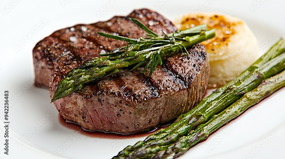 A gourmet dish featuring grilled steak, asparagus, and a creamy side. A gourmet dish featuring grilled steak, asparagus, and a creamy side.