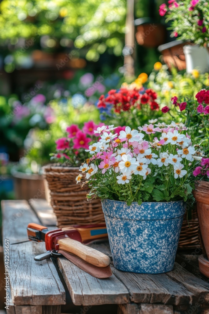 A blue straw hat placed on a wooden bench amidst vibrant blooming flowers in a garden setting A blue straw hat placed on a wooden bench amidst vibrant blooming flowers in a garden setting