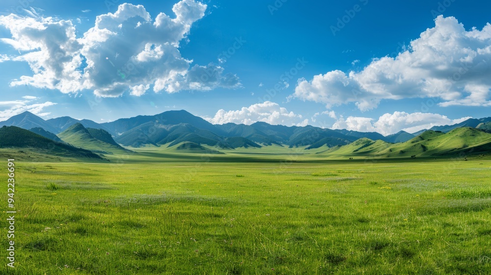 panoramic photo of green grassland with mountains on the background under blue skies panoramic photo of green grassland with mountains on the background under blue skies