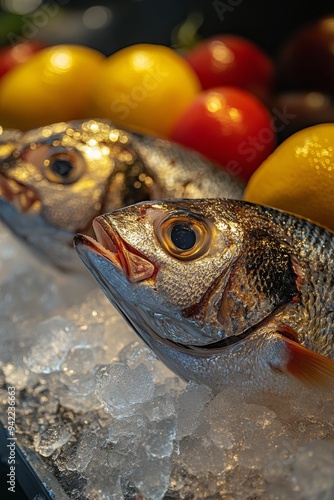Freshly displayed seafood with vibrant fruits at a market during the day
