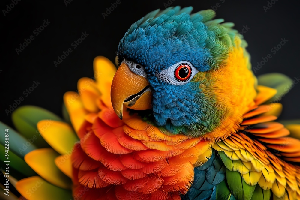 Obraz premium Beautiful birds with vibrant plumage captured in a close-up photo, showcasing their intricate feather details
