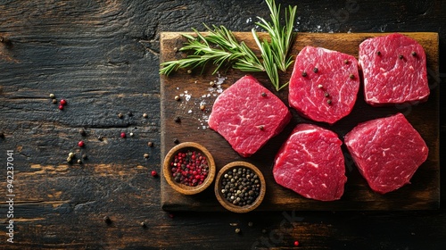 Freshly cut beef steaks on a rustic wooden board with herbs and spices in a k...