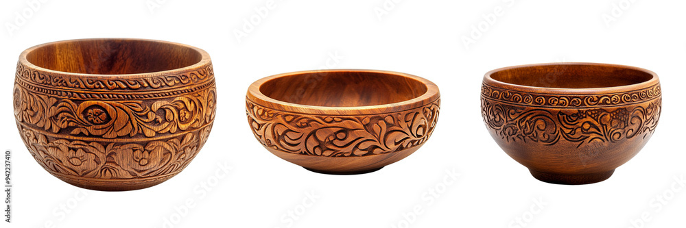Set of A single, elegant wooden bowl with intricate carvings isolated on transparent background Set of A single, elegant wooden bowl with intricate carvings isolated on transparent background