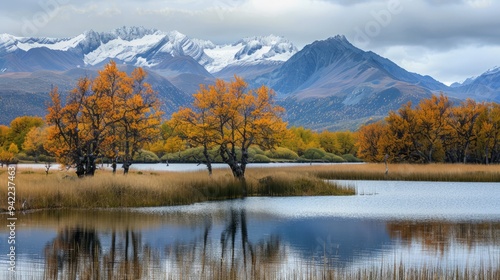 trees at lagoon with snow-capped mountains background at daytime