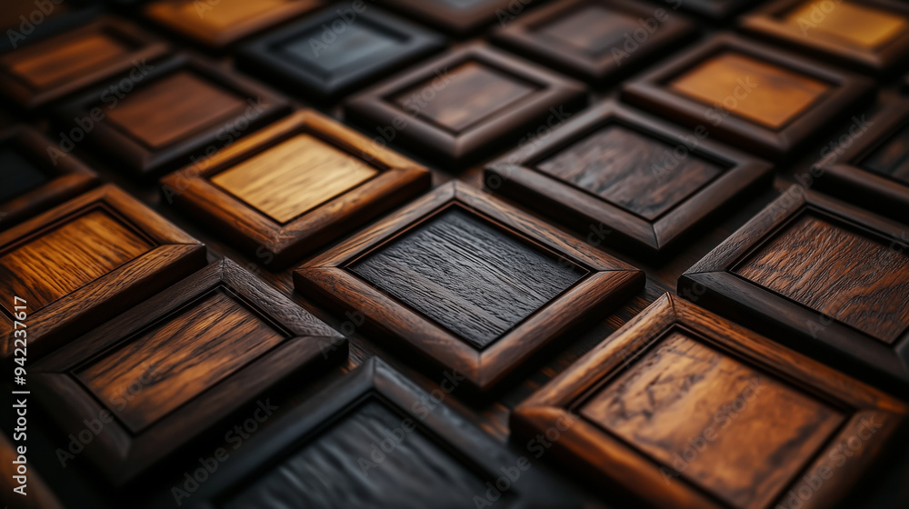 Fototapeta premium An artistic arrangement of dark wooden blocks with varying textures and patterns.Backdrop