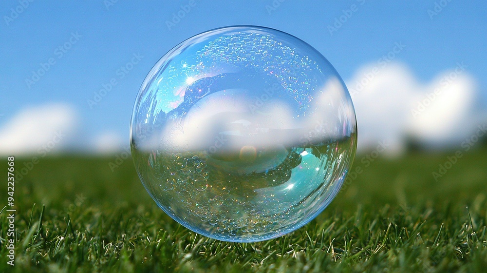 A blue sky floats above a green grass field with a single, floating bubble A blue sky floats above a green grass field with a single, floating bubble