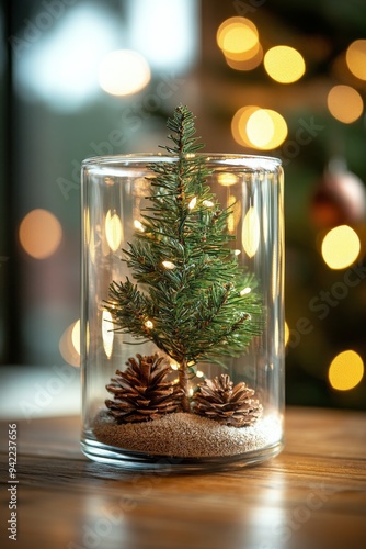 Snowy miniature Christmas tree inside a glass jar with warm lights and pine c...