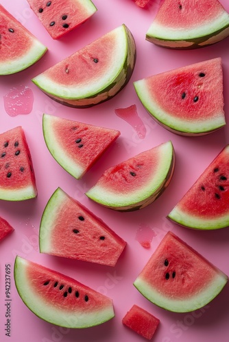 Freshly cut watermelon slices arranged beautifully on a pink background for a...