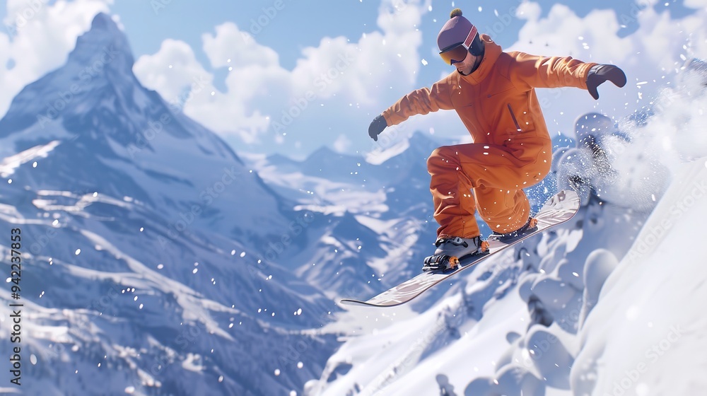 Snowboarder performing jump with mountain in background Snowboarder performing jump with mountain in background