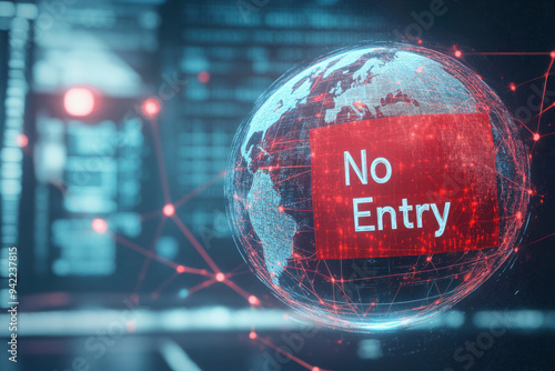 Glowing digital globe with a no entry sign, symbolizing global cyber security, data protection, and restricted access in a virtual environment