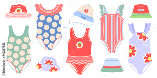 Set of kids swimming one-piece swimsuits and sun hats. Vector cute illustration of beachwear and summer hats for girls on white isolated background in flat style.