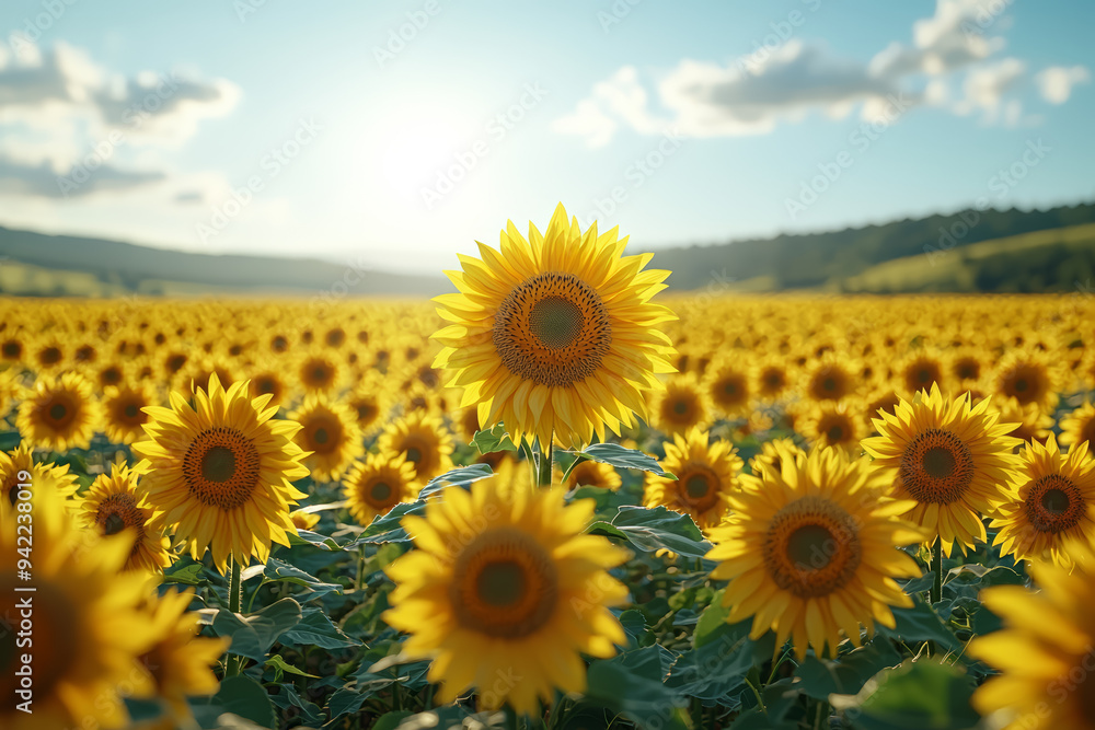 Obraz premium A sunflower field under a clear sky, with each bloom facing the sun. Concept of Earth's flora and the cycle of life.