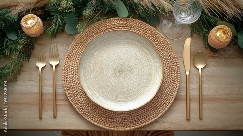 Elegant table setting with white flowers and gold cutlery for a special occas...