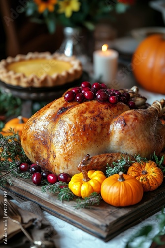 Thanksgiving feast with roasted turkey, seasonal fruits, and decorative autum...