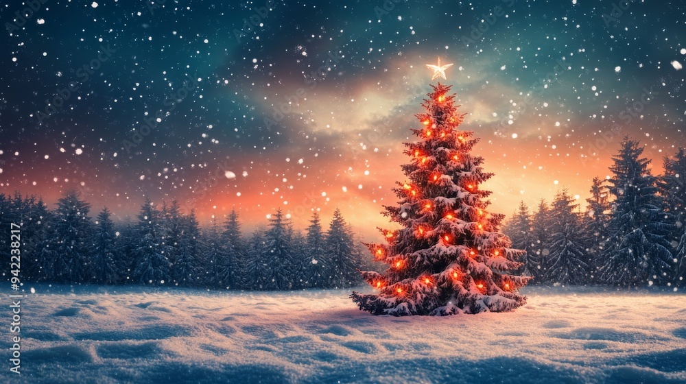 A beautifully decorated Christmas tree glows in a snowy landscape at sunset during winter A beautifully decorated Christmas tree glows in a snowy landscape at sunset during winter