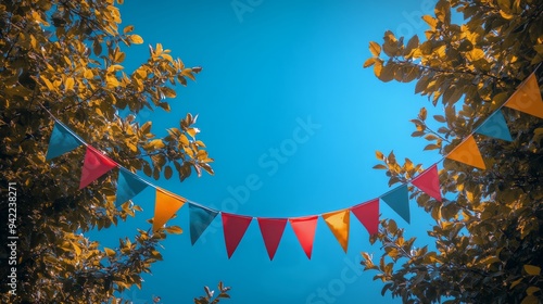 Colorful flags sway gently in the breeze under sunlight amidst vibrant green ...