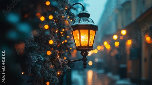 Cozy lantern illuminates a festive holiday setting with candle and decoration...