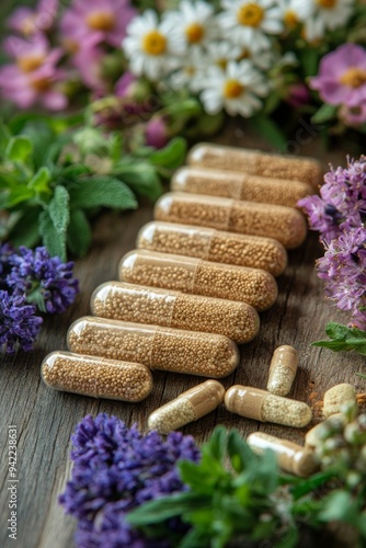 Variety of herbal supplements and vitamins arranged in wooden bowls on a rust...