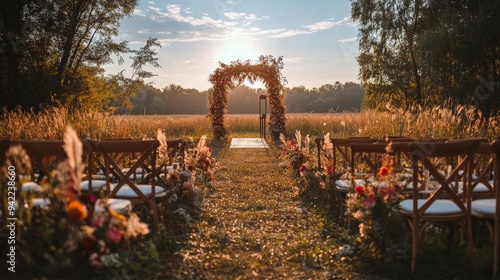 Elegant rustic wedding ceremony set up in a meadow with floral arch at golden...