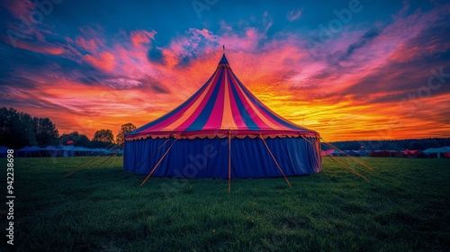 Colorful circus tent stands against a vibrant sunset sky at an outdoor festival in summer