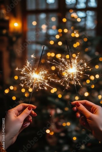 New Year's celebration with sparklers in front of a cozy fireplace and a fest...