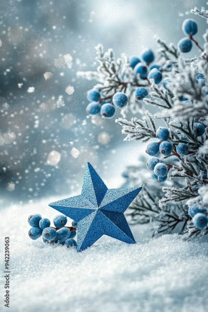 Winter decoration with a blue star on snowy ground beside frosted branches and berries Winter decoration with a blue star on snowy ground beside frosted branches and berries
