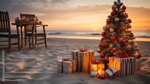 christmas tree and gifts on the sandy beach photo