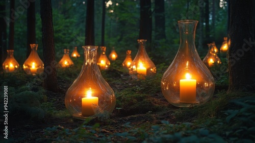 Elegant outdoor dining setup with candles and flowers in a forest during gold...