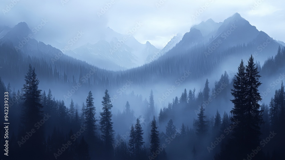 Fototapeta premium Mystical Mist: Enchanting Foggy Forests and Mountains in Muted Tones