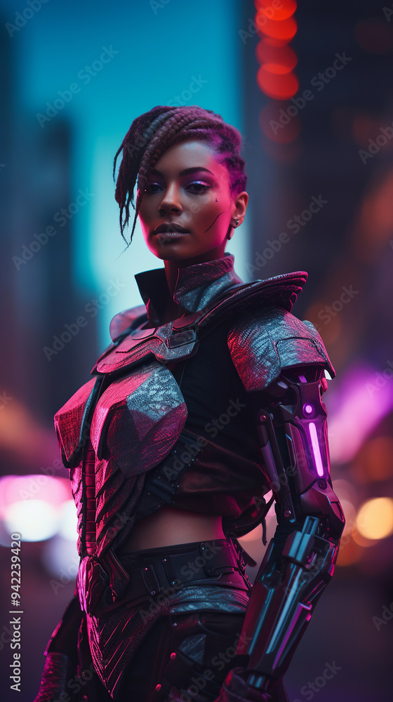 A portrait of a futuristic warrior illuminated by red atmospheric light, with a dark pink background, creating a dramatic high-contrast composition. She is wearing sleek black armor A portrait of a futuristic warrior illuminated by red atmospheric light, with a dark pink background, creating a dramatic high-contrast composition. She is wearing sleek black armor