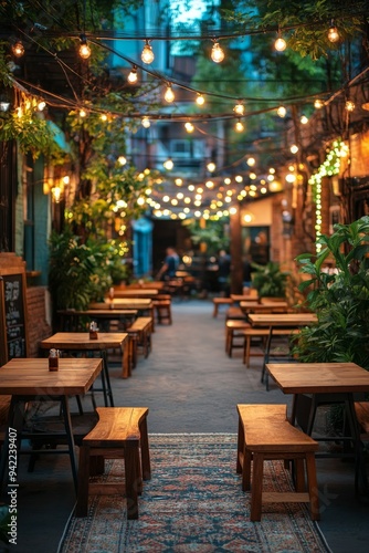 Cozy outdoor dining area illuminated by string lights in a vibrant urban sett...
