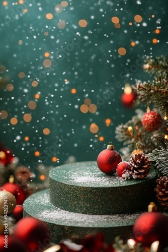 Festive arrangement with pinecones and golden ornaments on a dark green backd...