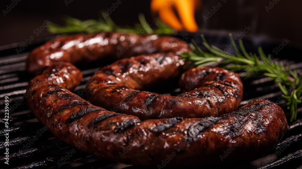 African Buerewors twisted sausages raw , on grill with fire African Buerewors twisted sausages raw , on grill with fire