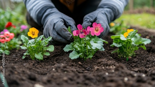 Gardener tending to blooming flowers in a vibrant garden during springtime pl...