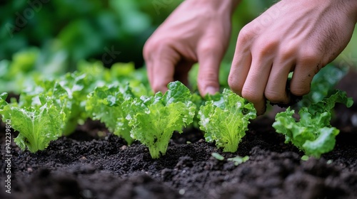 Hands tending to freshly planted lettuce in a vegetable garden during the aft...
