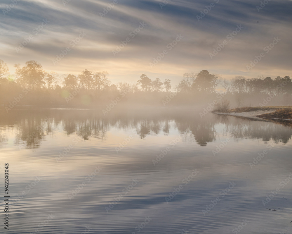 USA, New Jersey, Cape May Nature Center. Foggy lake and forest landscape at sunrise. USA, New Jersey, Cape May Nature Center. Foggy lake and forest landscape at sunrise.
