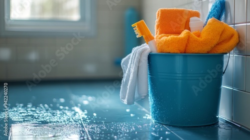 Cleaning supplies arranged in a bucket with a towel on a gleaming bathroom floor