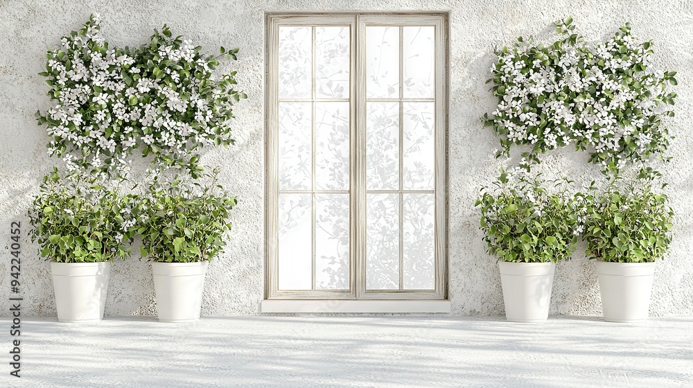 Three potted plants arranged in front of a white wall with a window sill behind them Three potted plants arranged in front of a white wall with a window sill behind them
