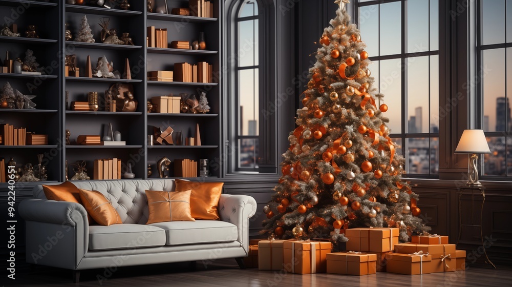 Christmas tree in living room with gifts and decorations Christmas tree in living room with gifts and decorations