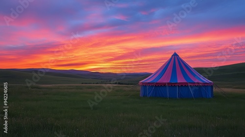 Colorful circus tent stands against a vibrant sunset sky at an outdoor festiv...