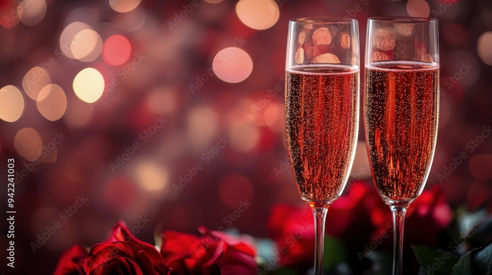 Celebratory toast with champagne flutes and red roses on a festive evening Celebratory toast with champagne flutes and red roses on a festive evening