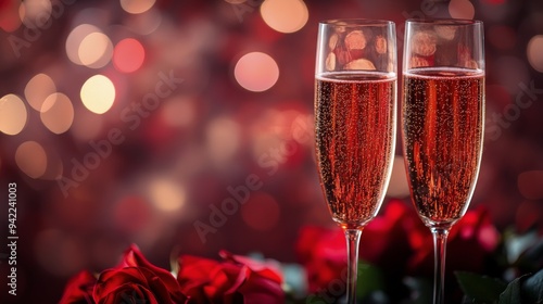 Celebratory toast with champagne flutes and red roses on a festive evening